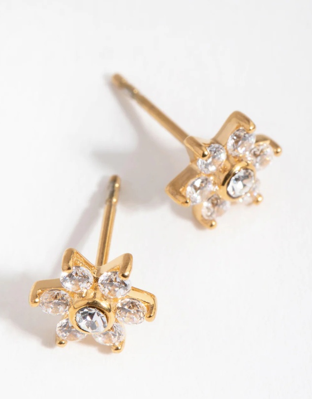 Lovisa - 24 Carat Gold Plated Surgical Steel Cubic Zirconia Flower Stud Earrings