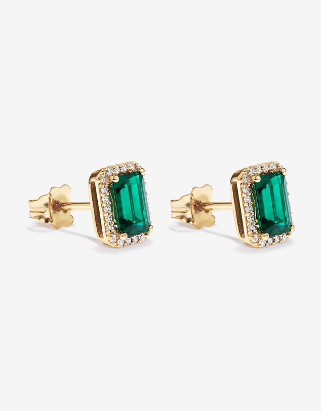 Michael Hill - Emerald Cut Green Created Emerald Gemstone and Diamond Halo Earrings in 10kt Yellow Gold