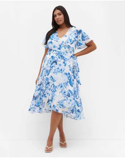 City Chic - Plus size Short Sleeve Bluebell Print Wrap Midi Dress - bluebell