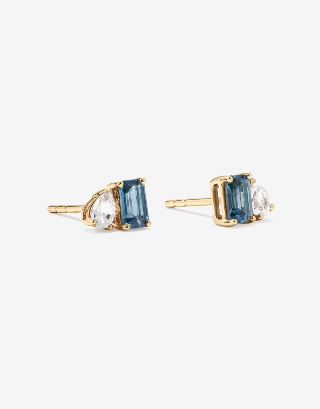 Michael Hill - Pear-Cut White Sapphire and Emerald-Cut London Blue Topaz Toi Et Moi  Earrings in 10kt Yellow Gold