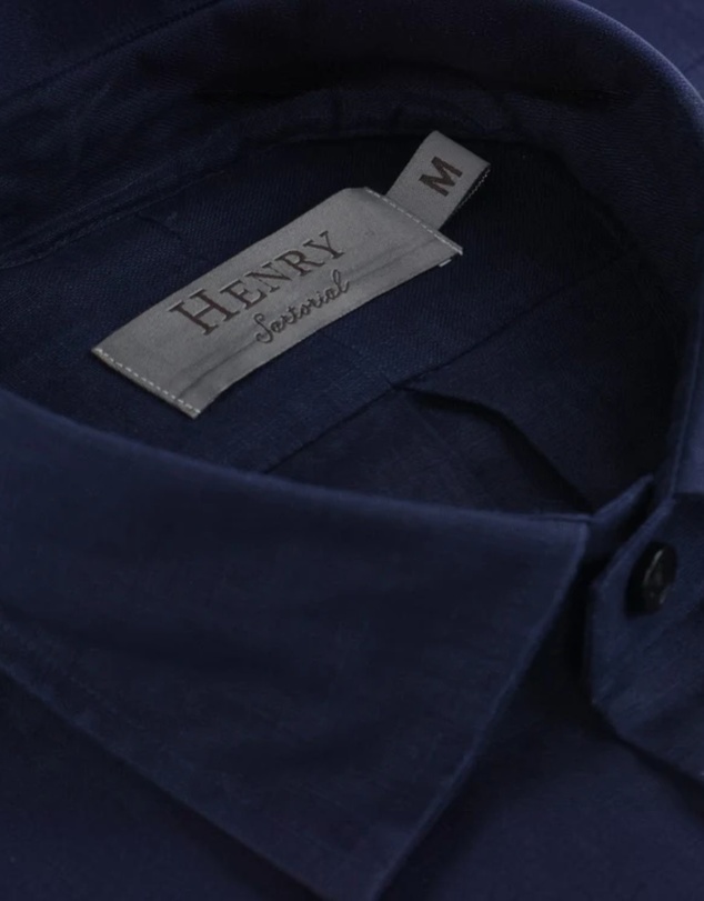 Henry Bucks - HENRY SARTORIAL Linen Classic Fit Short Sleeve Shirt NAVY