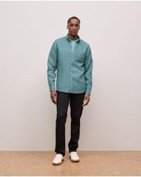 Trenery - Regular Fit Linen Micro Check Long Sleeve Shirt in Jade Green
