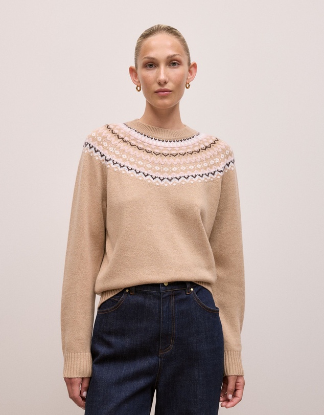 Trenery - Merino Cashmere Fair Isle Crew in Tan