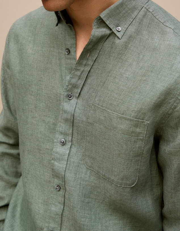 Trenery - Regular Fit Delave Linen Long Sleeve Shirt in Evergreen