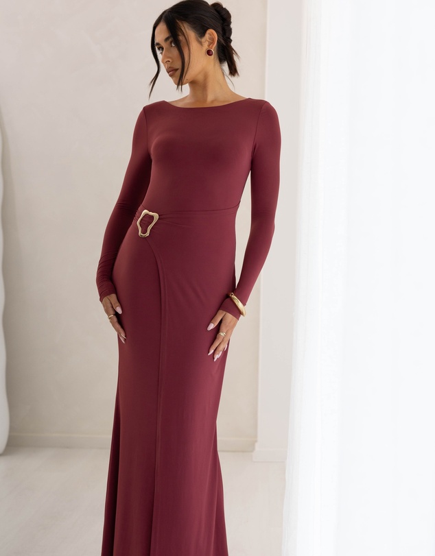 Beginning Boutique - Misaki Burgundy Long Sleeve Wrap Maxi Dress
