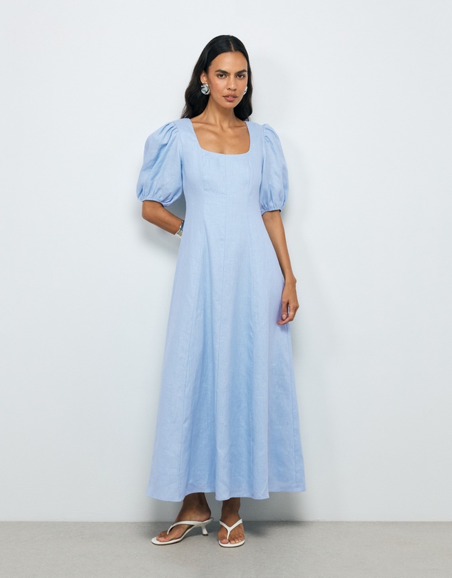 AERE - Portia Linen Puff Sleeve Midi Dress