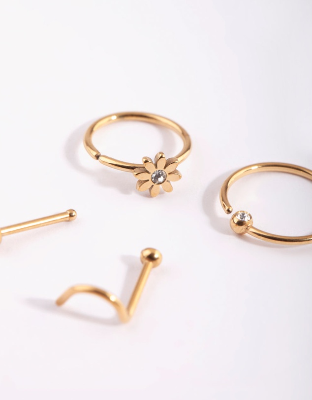Lovisa - Gold Plated Surgical Steel Flower & Diamante Nose Stud 4-Pack