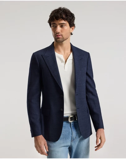 Calibre - Tailored Wool Herringbone Blazer Denim Blue