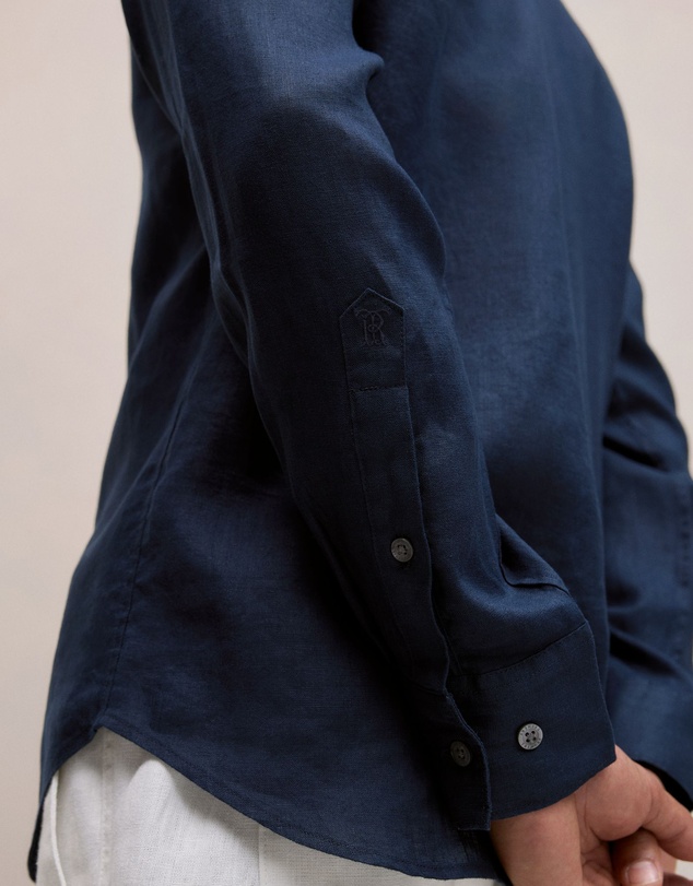 Trenery - Tailored Fit Linen Long Sleeve Shirt in Navy