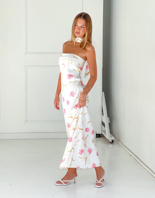 Beginning Boutique - Icelynn Cream Floral Print Strapless Satin Maxi Dress
