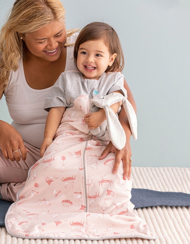 Love to Dream - Sleep Bag 1.0 TOG Organic Cotton Short Sleeve Daredevil Bunny in Light Pink