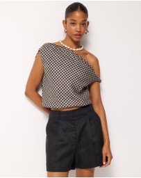AERE - Isla Linen Gingham Off Shoulder Top
