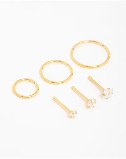 Lovisa - Gold Plated Surgical Steel Cubic Zirconia Stud & Hoop Nose Piercings 6-Pack