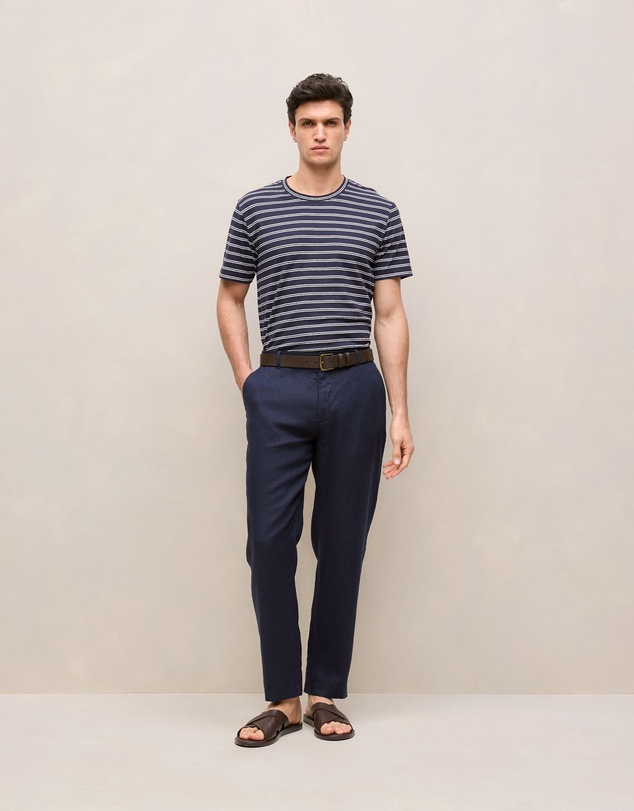 Trenery - Cotton Linen Double Stripe T-shirt in Navy