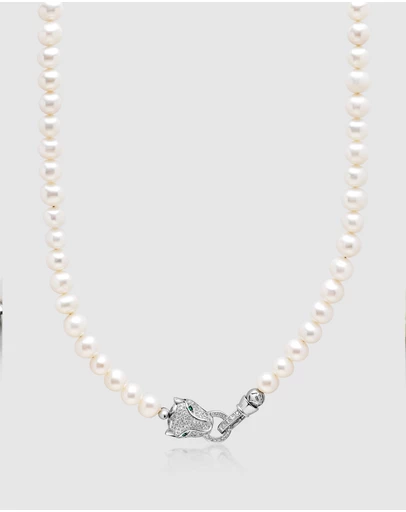 Nialaya Jewellery - White Pearl Necklace with Silver Panther Head Lock