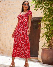 Sosandar - Chain Print Angel Sleeve Fit & Flare Midi Jersey Dress