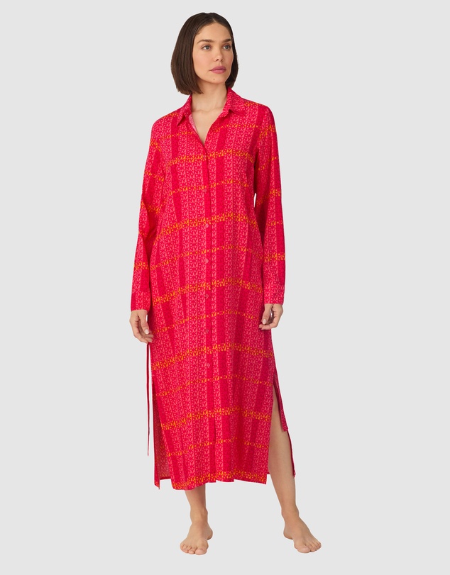 DKNY - Woven Viscose Midi Long-Sleeve Button Up Nightgown
