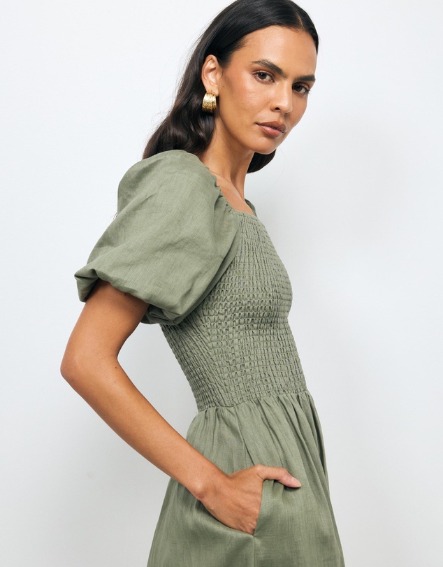 AERE - Olana Shirred Linen Midi Dress