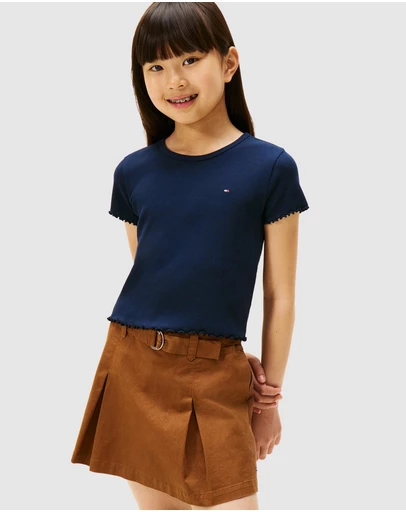 Tommy Hilfiger - Ruffle Trim Ribbed Extra Slim T-Shirt- Kids