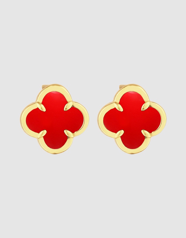 Elli Jewelry - Red Enamel Cloverleaf Stud Earrings in Gold-Plated 925 Silver