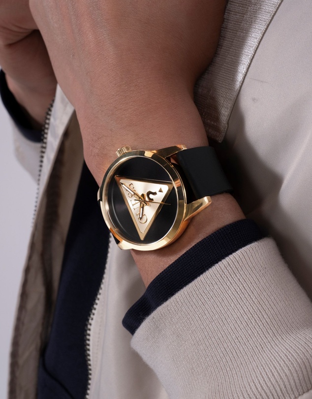 GUESS - Guess Triangle Men's 44mm Black Dial Gold-Tone Case and Black Leather Strap