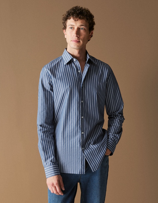 Trenery - Regular Fit Cotton Urban Striped Shirt in Navy