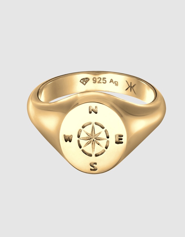 Kuzzoi - ICONIC EXCLUSIVE - Signet Ring with Compass Emblem in Gold-Plated 925 Sterling Silver