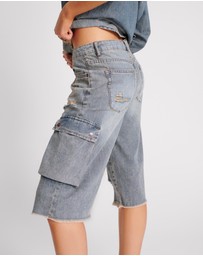 ONE TEASPOON - Skater Girl Low Waist Super Long Leg Denim Jorts - Dirty Blue