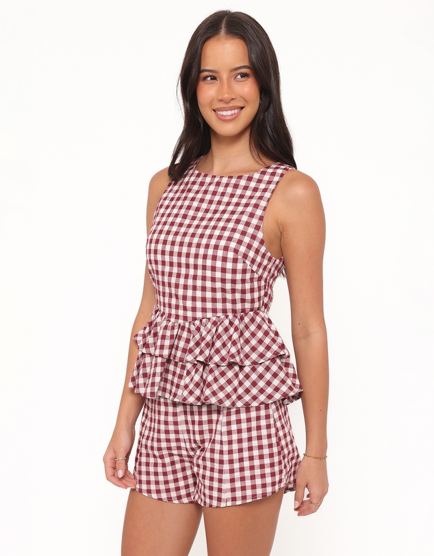 Petal & Pup - Landon Tiered Peplum Top - Burgundy Gingham