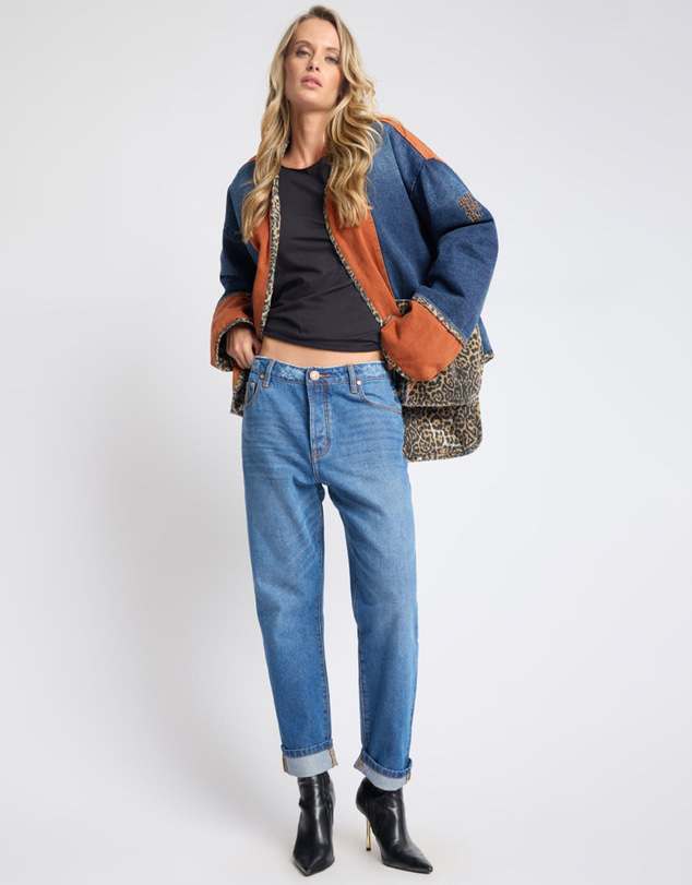 ONE TEASPOON - Bang Bang Reversible Colour Blocked Denim Wadded Jacket - Animal Blue Rust