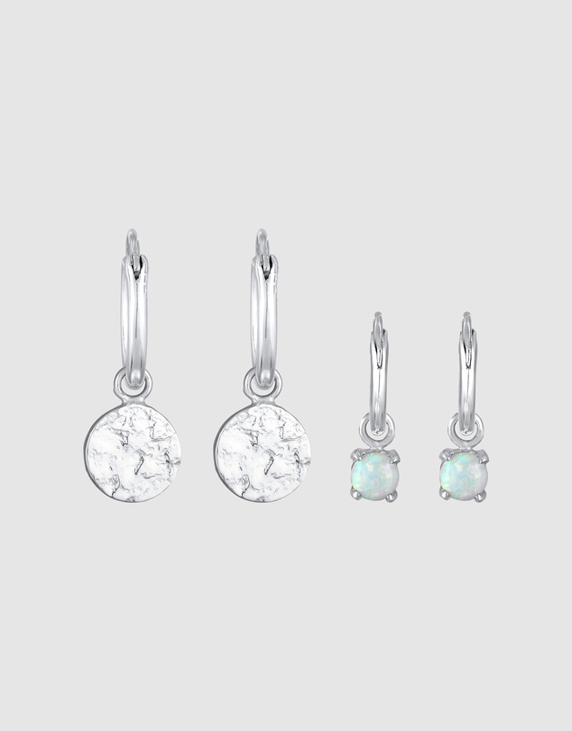 Elli Jewelry - Earrings Creoles Platelet Set Of 2 With Opal in 925 Sterling Silver