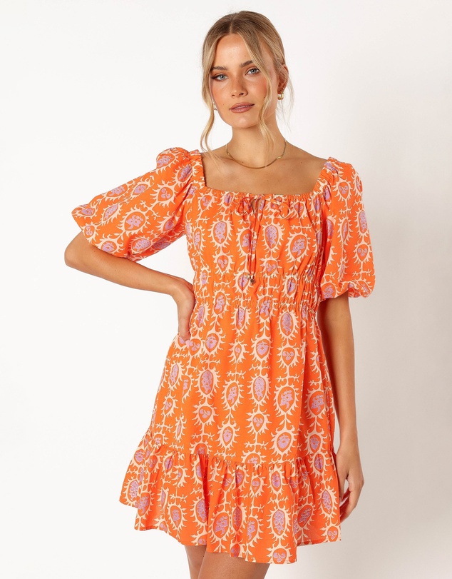 Petal & Pup - Carmen Off Shoulder Mini Dress - Orange Print
