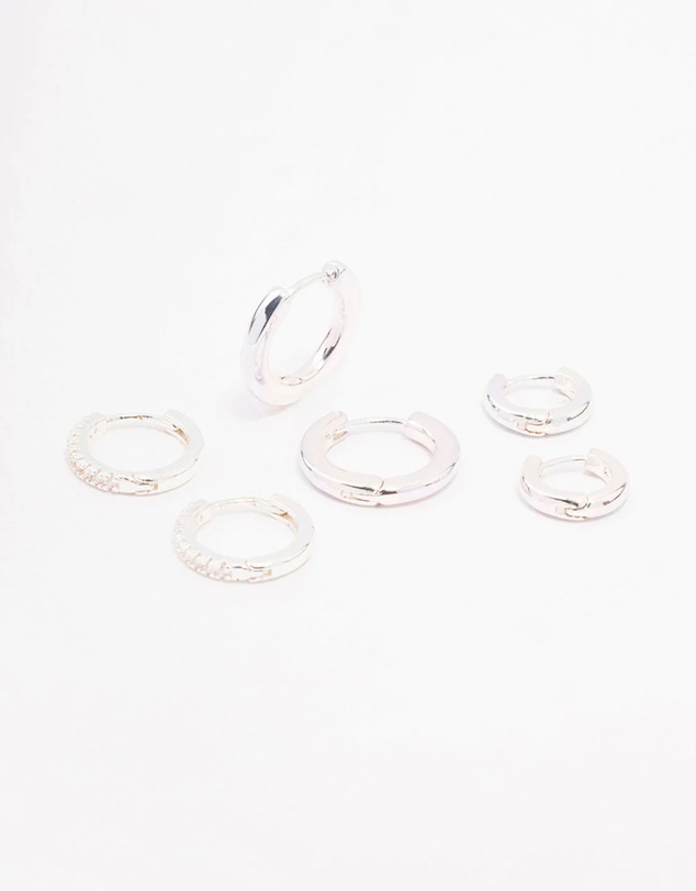 Lovisa - Silver Cubic Zirconia Minimal Huggie Hoop Earrings 3-Pack