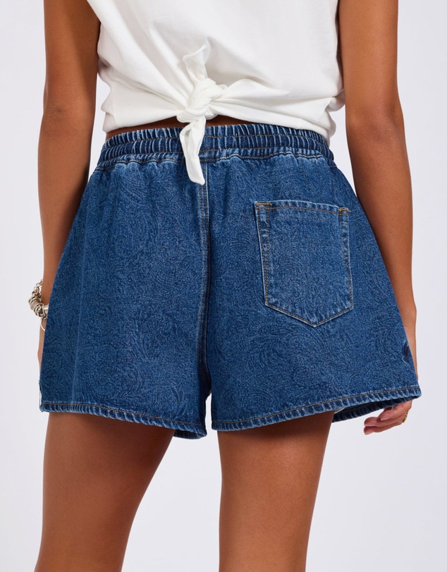 ONE TEASPOON - Boxer Drawstring Waist Denim Shorts - Blue Paisley