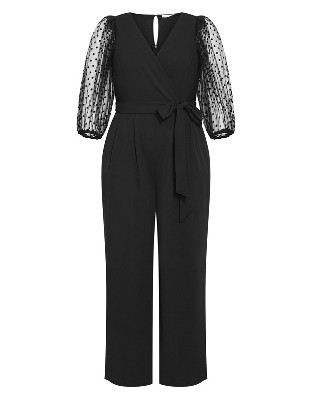 City Chic - Plus size Asher Spot Mesh Sleeve Jumpsuit - black