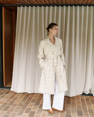 Yarn Dyed Check Trench Coat in Fawn