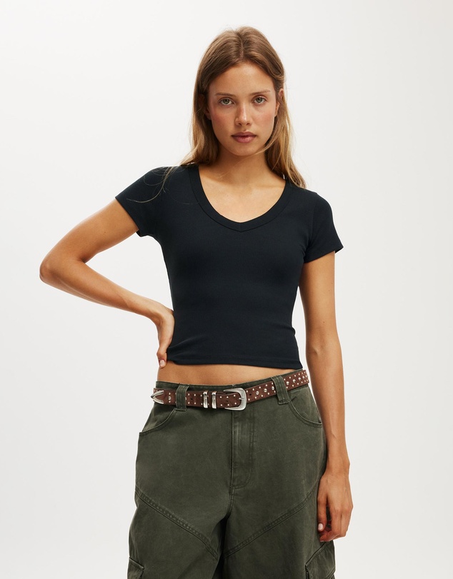 Cotton On - Goldie Rib V Neck Short Sleeve