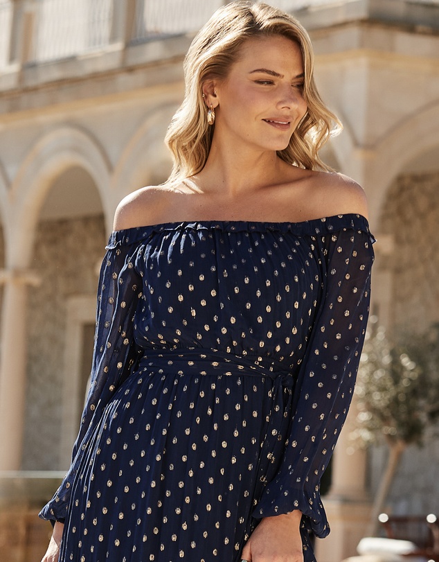 Sosandar - Metallic Spot Tiered Hem Bardot Maxi Dress