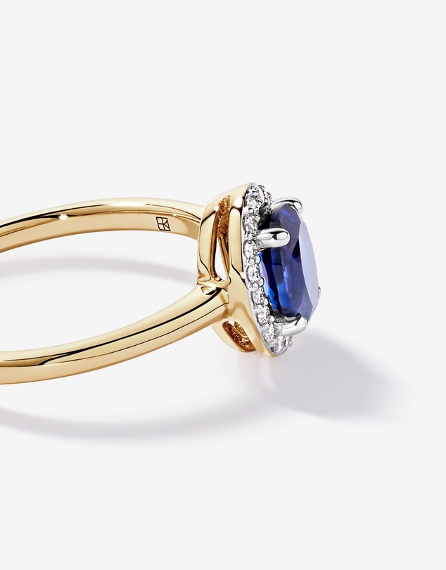 Michael Hill - Created Sapphire & 0.10TW Laboratory-Grown Diamond Halo Ring in 10kt Yellow Gold and Rhodium