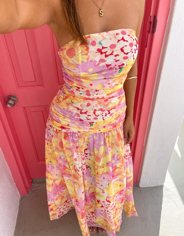 Beginning Boutique - Sinclair Yellow Floral Print Strapless Maxi Dress