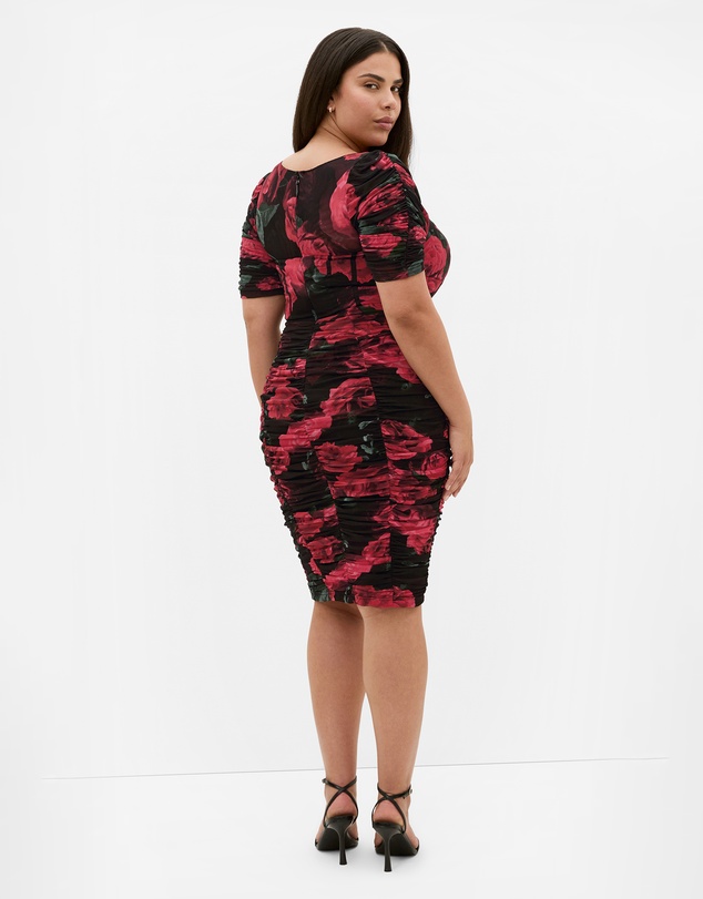 City Chic - Plus size Bustier Rose Print Ruched Dress - black