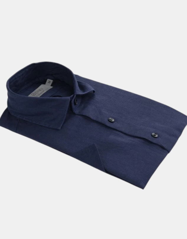 Henry Bucks - HENRY SARTORIAL Linen Classic Fit Short Sleeve Shirt NAVY