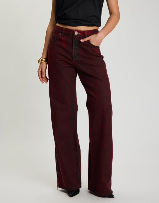 ONE TEASPOON - Jackson Mid Waist Wide Leg Denim Jeans - Oil Stained Maroon