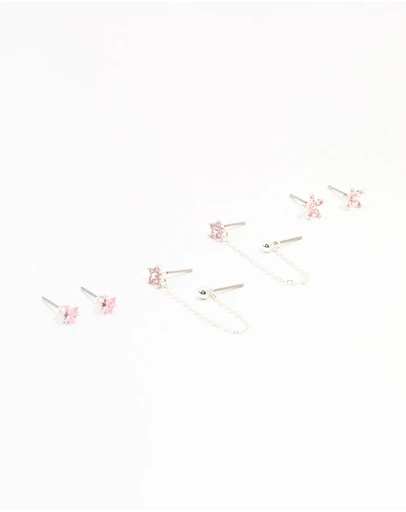 Lovisa - Silver Plated Brass Heart Flower Chain Earrings 3-Pack
