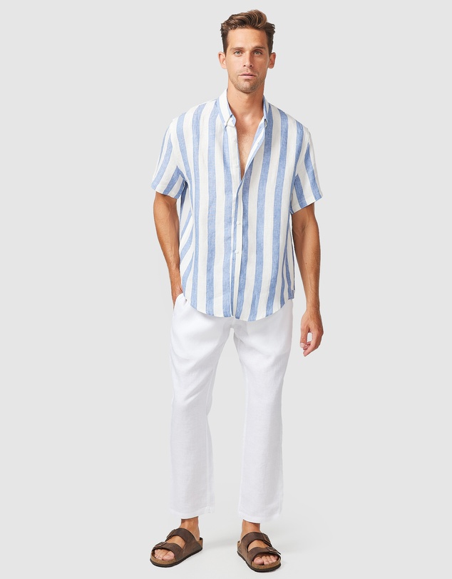 Vacay Swimwear - S/S Blue Stripe Linen Shirt