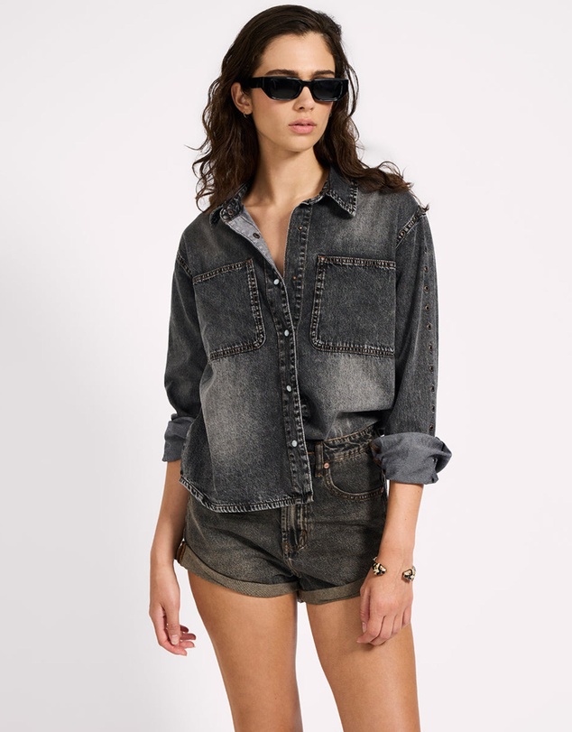 ONE TEASPOON - Nixie Eyelet Classic Fit Denim Shirt - Charcoal Black