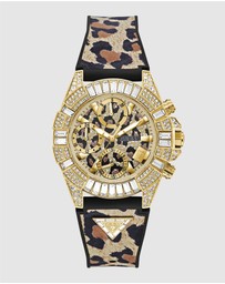 GUESS - ICONIC 40TH Animal 39mm Gold-Tone Case Black Silicone Strap