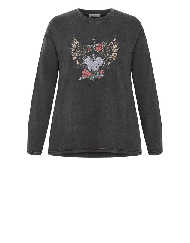 City Chic - Plus size Heart Break Long Sleeve Cotton Tee - charcoal wash