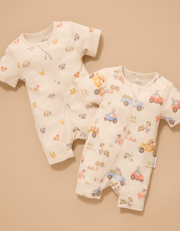 Purebaby - 2 Pack S/Slv Digital Growsuit- Kids-Babies