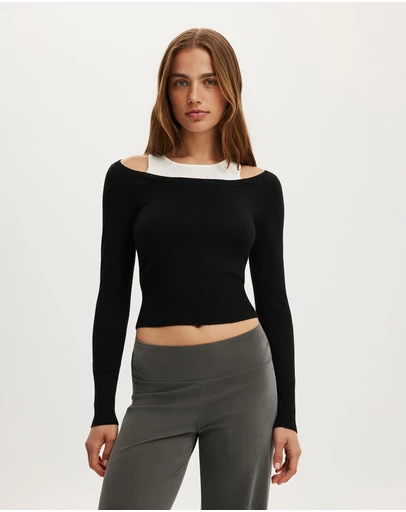 Cotton On - Long Sleeve Boatneck Layered Knit
